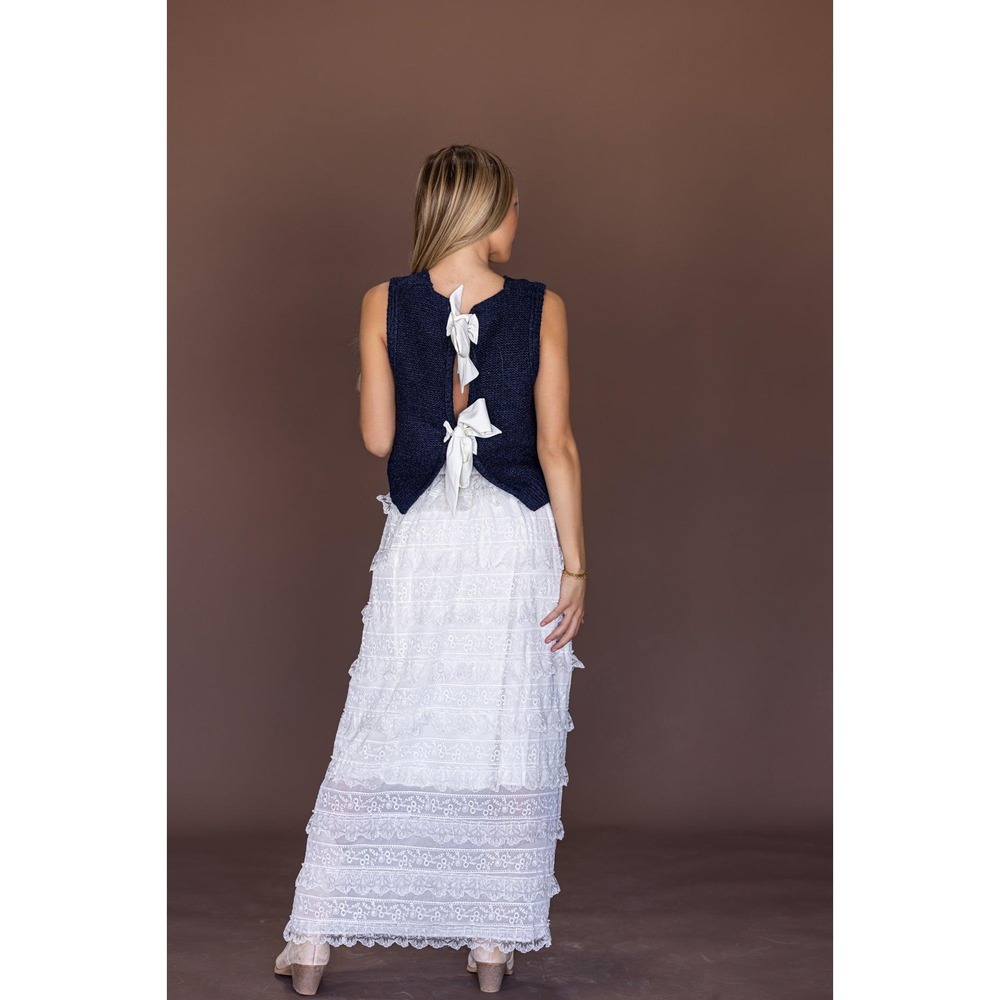 Commense‎ Navy Blue Knit Sleeveless Top with Bow Back Detail Cute Cropped Vest S